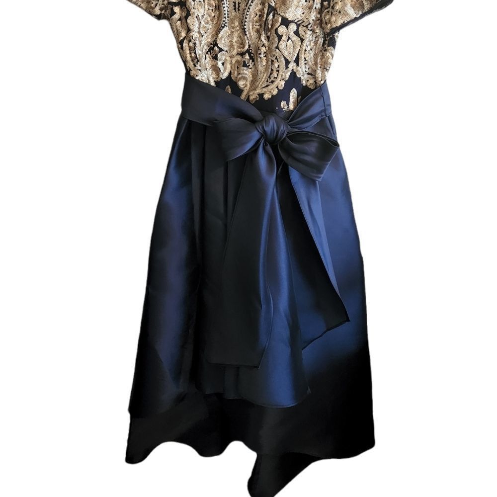 R&M Richards Blue and Gold Embellished Sequin Bow High Low Ball Gown Dress - Picture 4 of 12